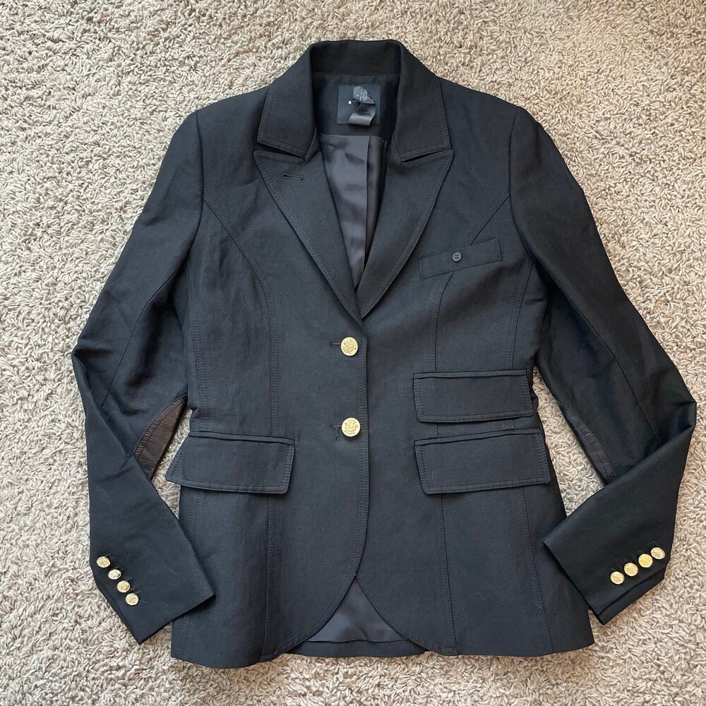 Smythe linen blend Equestrian Blazer Black Double Button leather elbow ptch sz 8